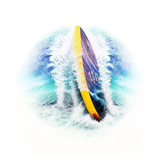 Cosmic waves crashing against a surfboard tattoo design idea