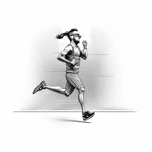 A detailed illustration of a runner crossing the finish line with a musical staff incorporated into the background tattoo design idea