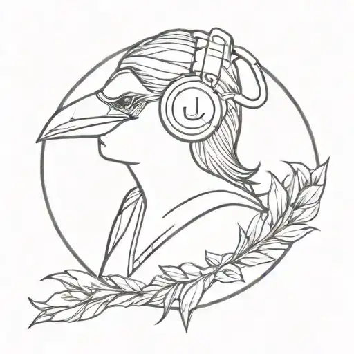 Design a crow queen wearing headphones and holding a microphone, with the initials J G subtly hidden in the background tattoo design idea