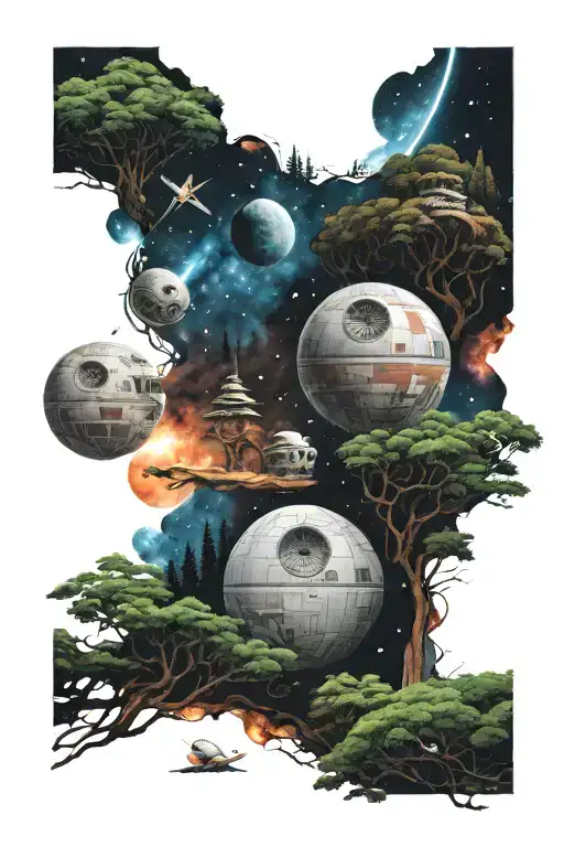 Star Wars theme galaxy above death star above endor tattoo design idea