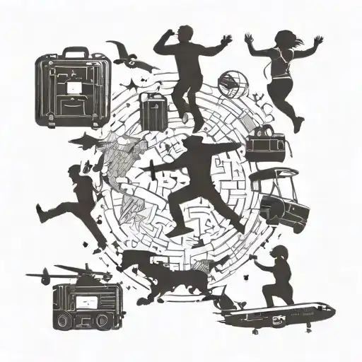 A silhouette of a person dancing in different countries around the world, incorporating elements of travel like airplanes and suitcases tattoo design idea