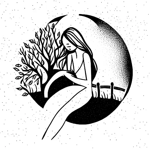 teenage beautiful girl sitting under huge apple tree tattoo design idea