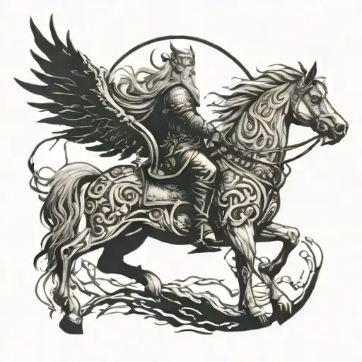 Create a tattoo design featuring Odin riding Sleipnir, the eight-legged horse, with a background of Yggdrasil, the World Tree tattoo design idea