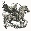 Create a tattoo design featuring Odin riding Sleipnir, the eight-legged horse, with a background of Yggdrasil, the World Tree tattoo design idea