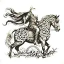 Create a tattoo design featuring Odin riding Sleipnir, the eight-legged horse, with a background of Yggdrasil, the World Tree tattoo design idea