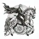 Create a tattoo design featuring Odin riding Sleipnir, the eight-legged horse, with a background of Yggdrasil, the World Tree tattoo design idea