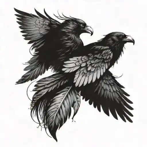 Moon phases morphing into crow feathers thats flying away from a lion, symbolizing the cycle of life and death tattoo design idea