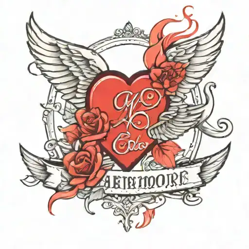 Three wings, children, the inscription AMOREAMORE with a heart tattoo design idea
