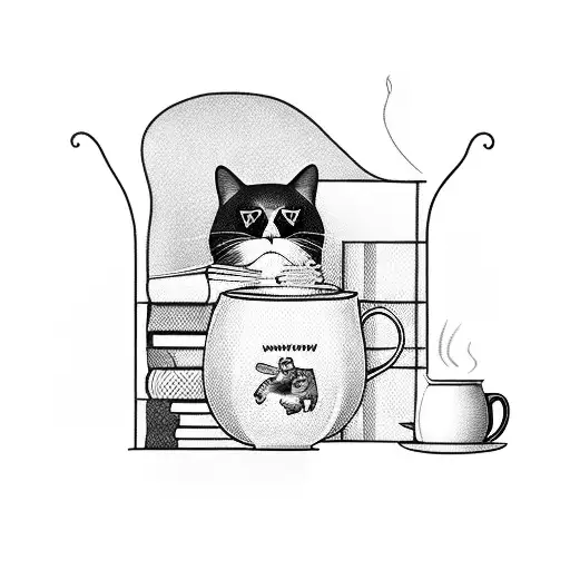 A café scene with a black cat sitting on a bookshelf, surrounded by coffee mugs and books tattoo design idea