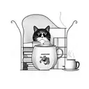 A café scene with a black cat sitting on a bookshelf, surrounded by coffee mugs and books tattoo design idea
