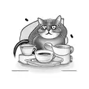 A café scene with a black cat sitting on a bookshelf, surrounded by coffee mugs and books tattoo design idea