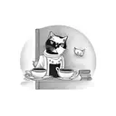 A café scene with a black cat sitting on a bookshelf, surrounded by coffee mugs and books tattoo design idea