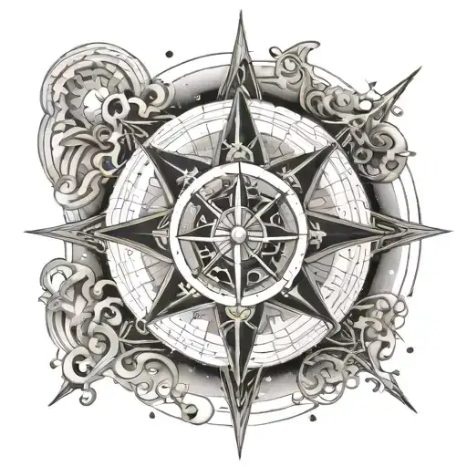 A compass rose made up of intricate astrological symbols, each pointing in a different direction tattoo design idea