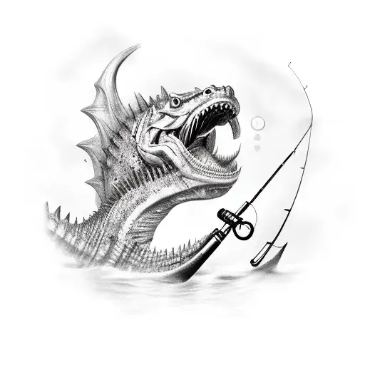 A fierce warrior battling a giant digital sea monster with a fishing rod tattoo design idea