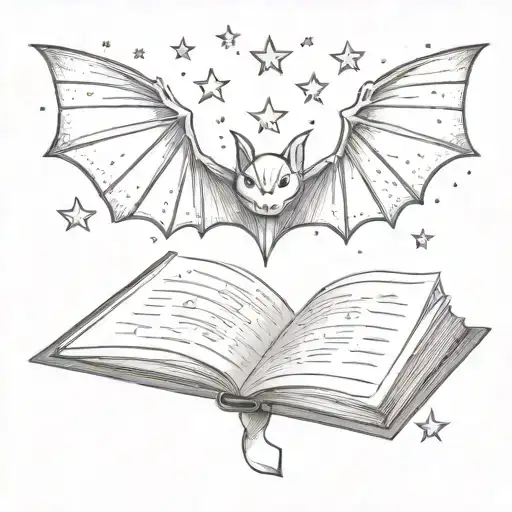 an open book with bat wings and stars coming out of it tattoo design idea