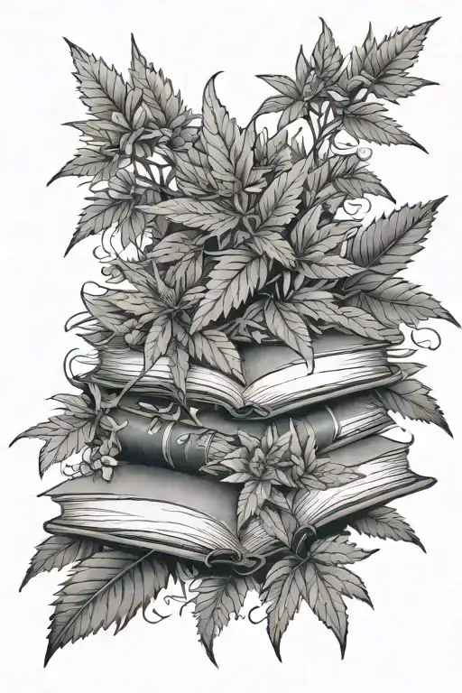 beautiful marijuana bush with gorgeous flowers with books in the background tattoo design idea
