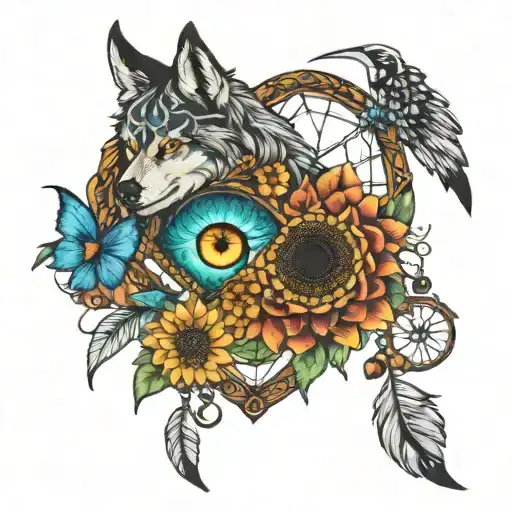 dream catcher with galaxy sunflower butterfly wolf evil eye heart 444  tattoo design idea