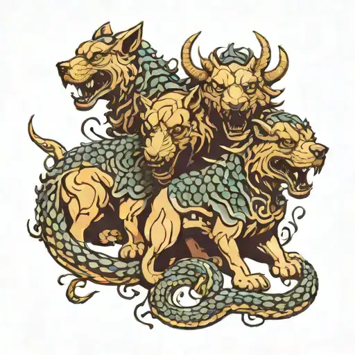 3 headed Cerberus dead world guard, with dragon tail and snakes around it body tattoo design idea
