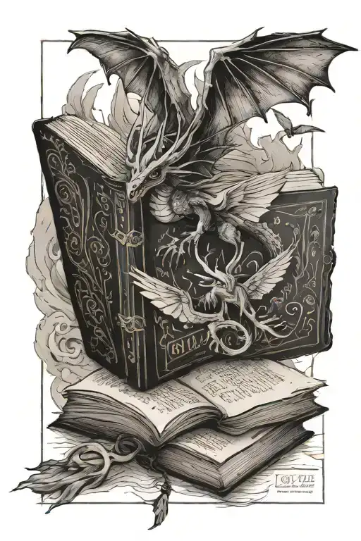 open Harry Potter monster book with paper crane and an elder wand rising out of the pages. a dragon flying above tattoo design idea