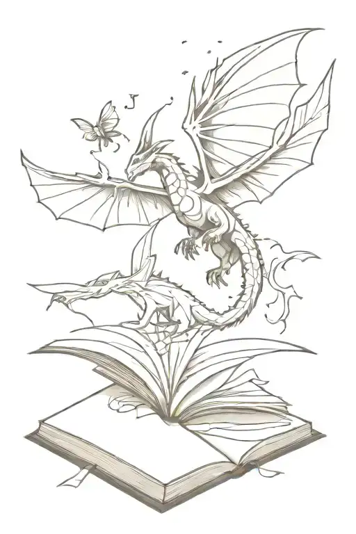 open Harry Potter monster book with a fantasy dragon, elder wand, and paper crane rising out of the pages  tattoo design idea