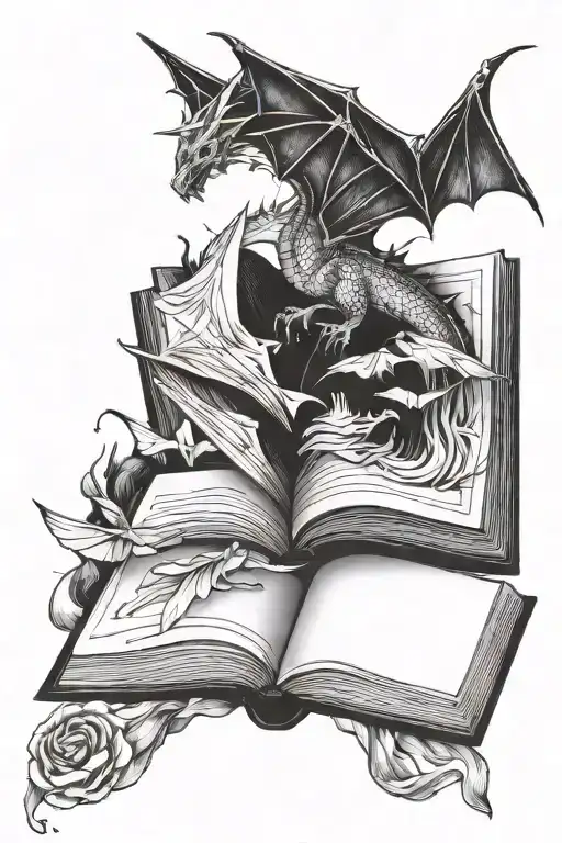 open book with a flying dragon, elder wand, and paper crane coming out of the pages  tattoo design idea