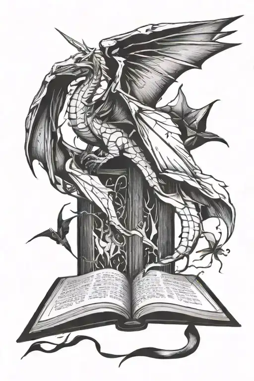 open book with a thestral, dragon, and paper crane coming out of the pages tattoo design idea