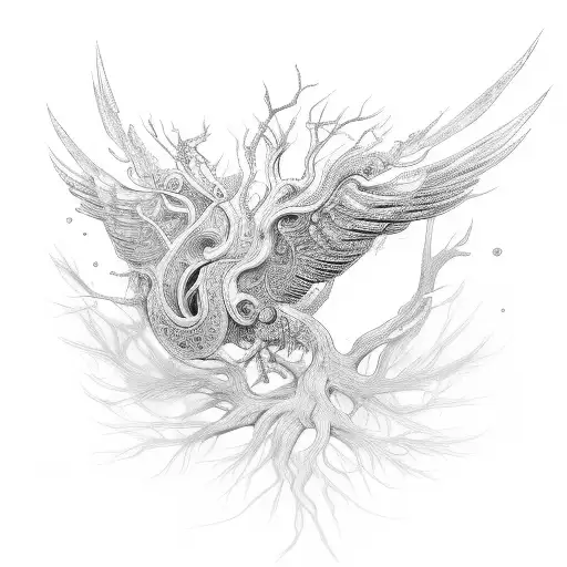 wings tree with trible roots tattoo design idea