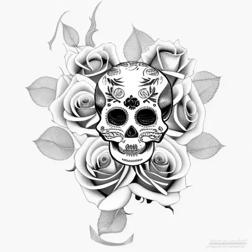 ROSES AND A DIA DE LOS MUERTO SKULL tattoo design idea