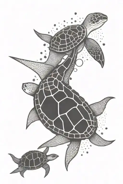 A geometric design incorporating elements of scuba diving equipment like tanks and fins, with a manta ray and turtle intertwined tattoo design idea