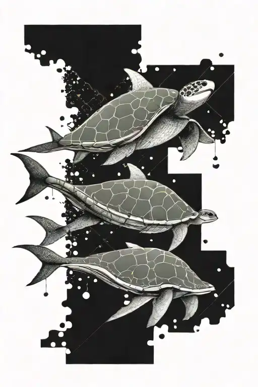 A geometric design incorporating elements of scuba diving equipment like tanks and fins, with a manta ray and turtle intertwined tattoo design idea