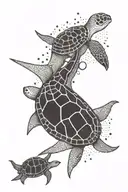 A geometric design incorporating elements of scuba diving equipment like tanks and fins, with a manta ray and turtle intertwined tattoo design idea