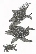 A geometric design incorporating elements of scuba diving equipment like tanks and fins, with a manta ray and turtle intertwined tattoo design idea