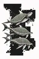A geometric design incorporating elements of scuba diving equipment like tanks and fins, with a manta ray and turtle intertwined tattoo design idea