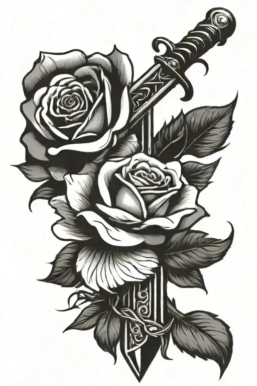 sword going through a rose with stem tattoo design idea