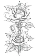 sword straight up and down going through a single rose that is upright with long stem tattoo design idea