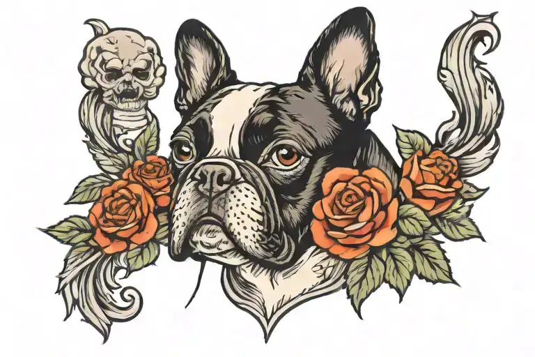 Boston terrier surrounded tattoo design idea