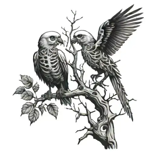 skeleton twocan bird in skeleton tree branch tattoo design idea