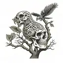 skeleton twocan bird in skeleton tree branch tattoo design idea
