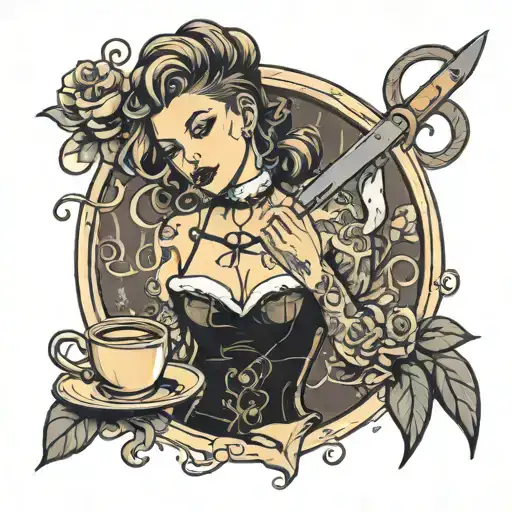 A neotraditional tattoo of a woman serving coffee while wearing stockings, with a knife as a decorative element and subtle BDSM symbols in the background tattoo design idea