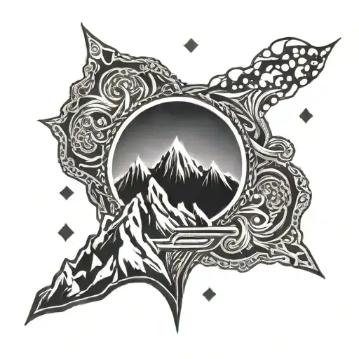 A flame in the style of the guild wars 2 element symbol with a mountain in the background tattoo design idea