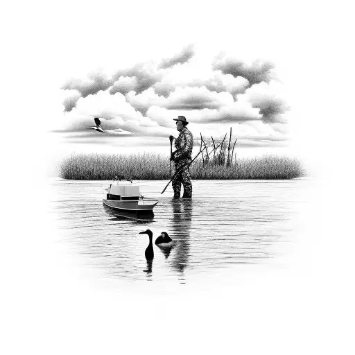 A black-grey tattoo of a Texas landscape with a duck hunter in a marsh and a saltwater fishing boat in the background tattoo design idea