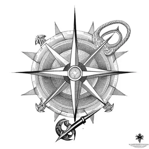 An intricately detailed compass rose with a duck hunting decoy and a fishing hook intertwined tattoo design idea