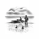 A black-grey tattoo of a Texas landscape with a duck hunter in a marsh and a saltwater fishing boat in the background tattoo design idea