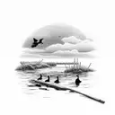 A black-grey tattoo of a Texas landscape with a duck hunter in a marsh and a saltwater fishing boat in the background tattoo design idea
