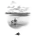 A black-grey tattoo of a Texas landscape with a duck hunter in a marsh and a saltwater fishing boat in the background tattoo design idea