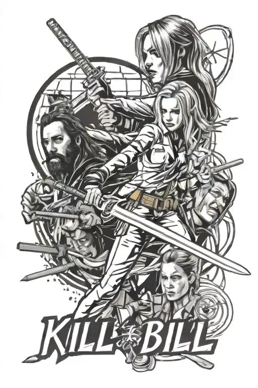 kill bill compilation black and white drawing with text and graphics tattoo design idea