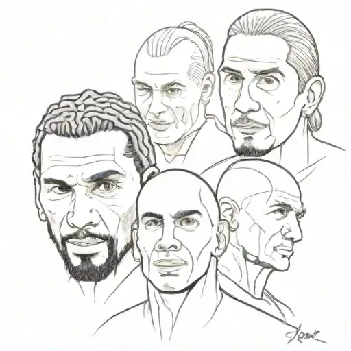 jay jay okocha + zlatan ibrahimovic + zinedine zidane mont rushmore like tattoo design idea