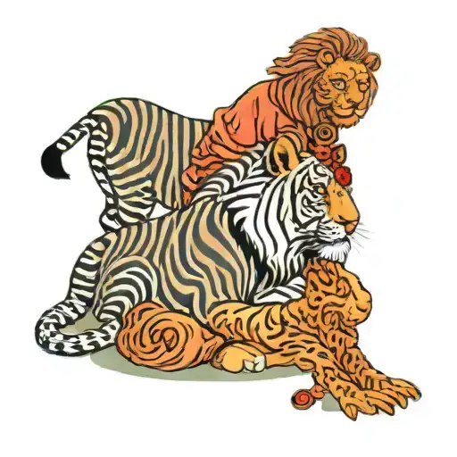 lion in zebra print surrounded by Buddhist monk meditating tattoo design idea