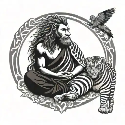 lion in zebra print surrounded by Buddhist monk meditating tattoo design idea