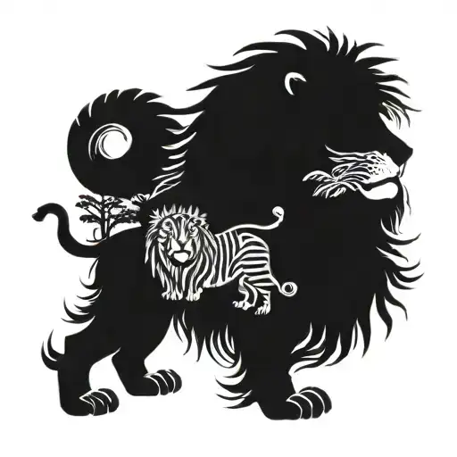lion in zebra print surrounded by Buddhist forest scene tattoo design idea